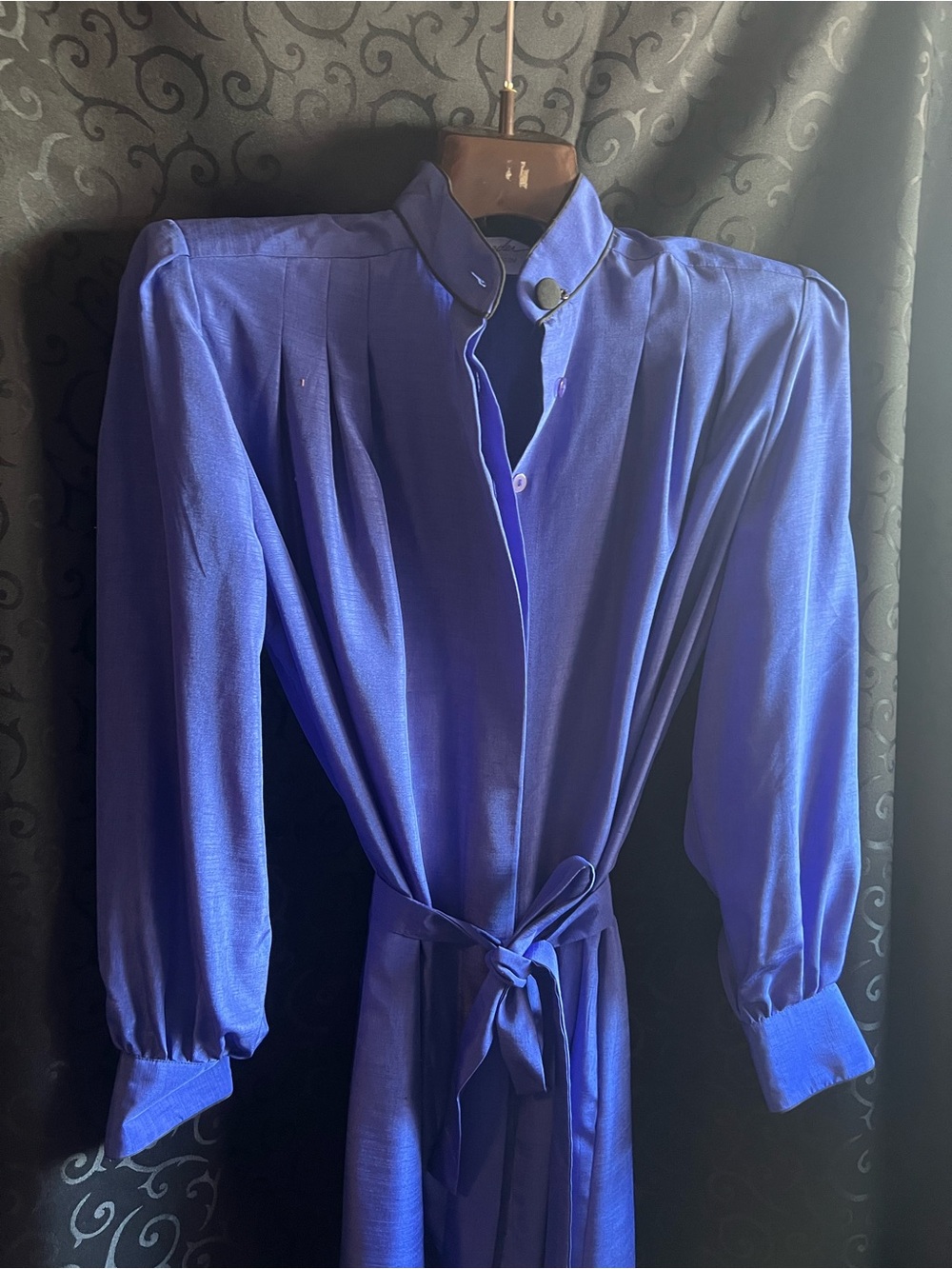 Vintage 80s Royal Blue Shirt Dress with Pleated Padded Shoulders L